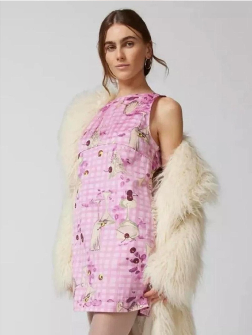 Pink Gingham Floral Bird Print Mini Dress